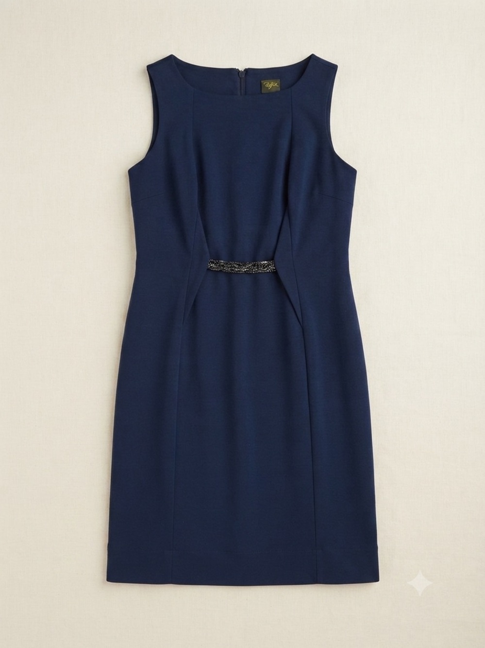 Sleeveless Navy Sheath Dress with Beaded Waist